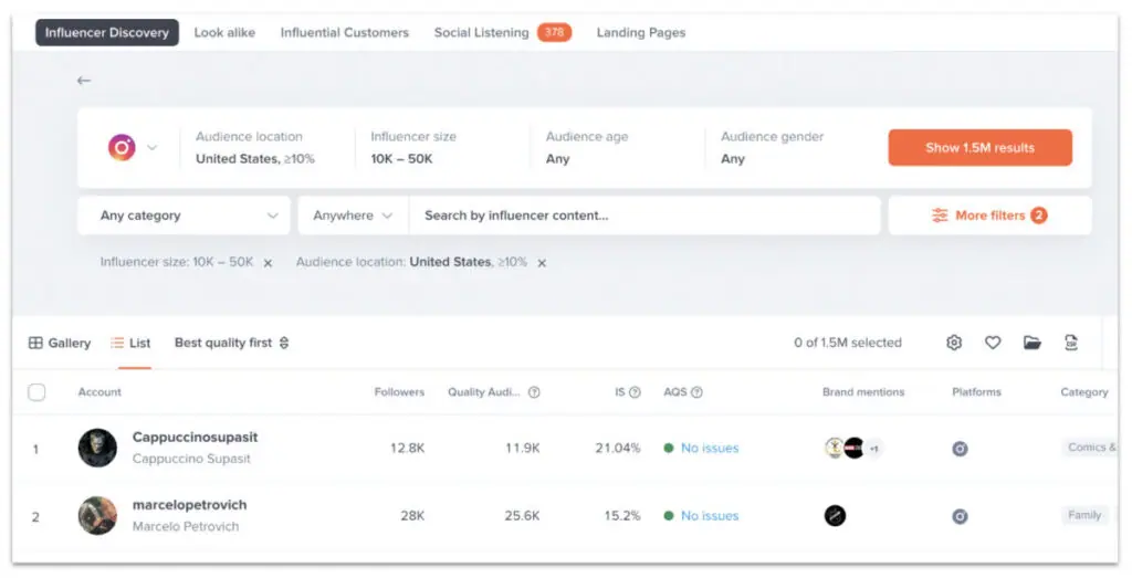 Influencer search and filtering