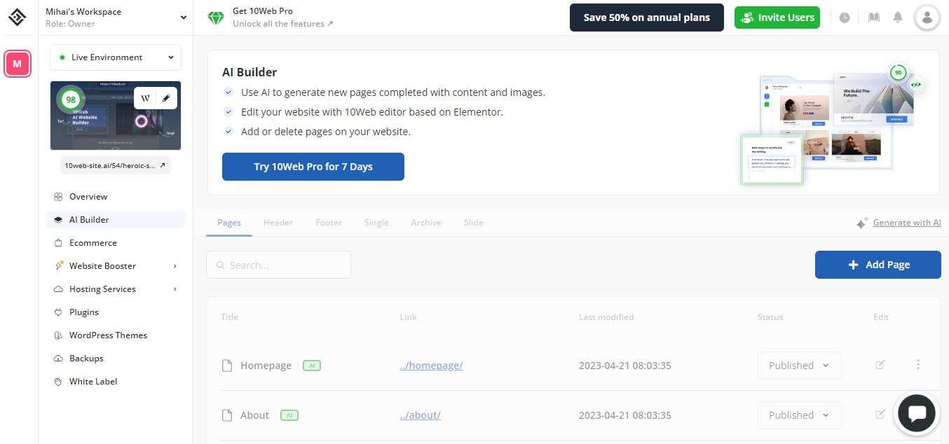 10Web Dashboard