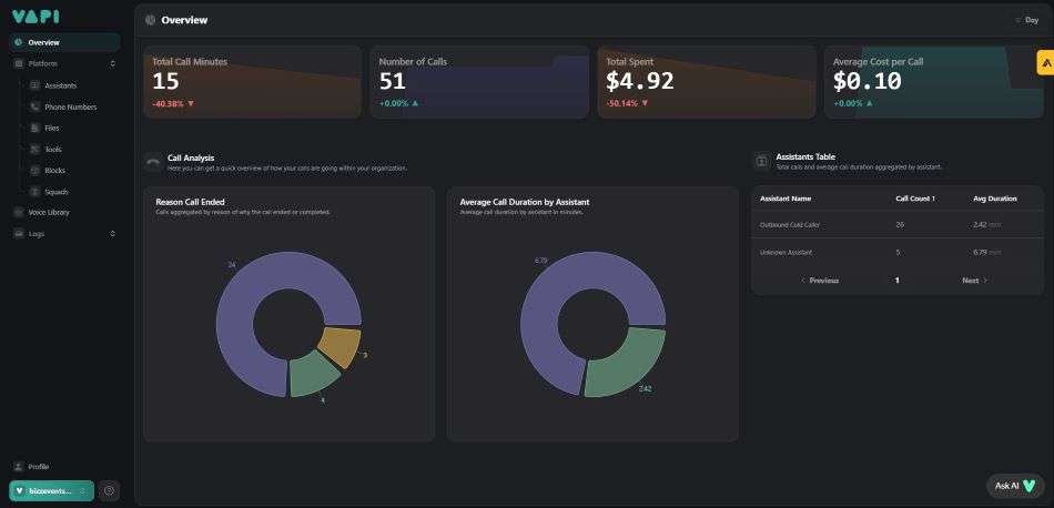 Usage dashboard Vapi AI