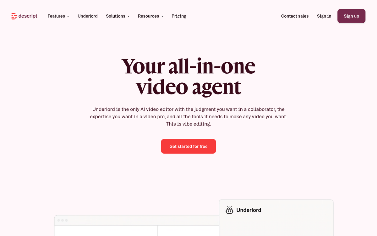 Underlord page: Descript's all-in-one AI video agent that turns a raw recording into a tight cut from plain-language instructions.