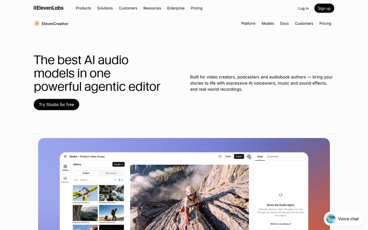 ElevenLabs Studio: the agentic editor for voiceovers, podcasts and audiobooks, combining AI voices, music and sound effects on one timeline.