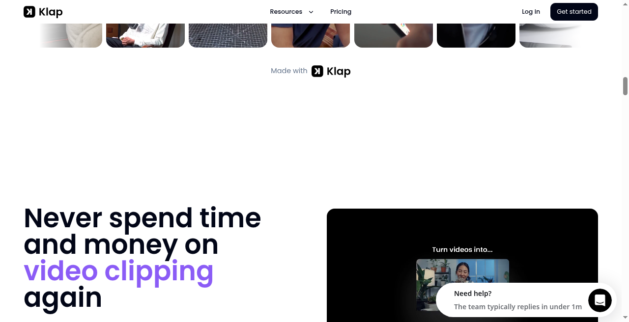 Clip grid with Virality Score — AI-suggested 9:16 clips ranked by score, with caption preview and layout (face / split / screencast) visible.