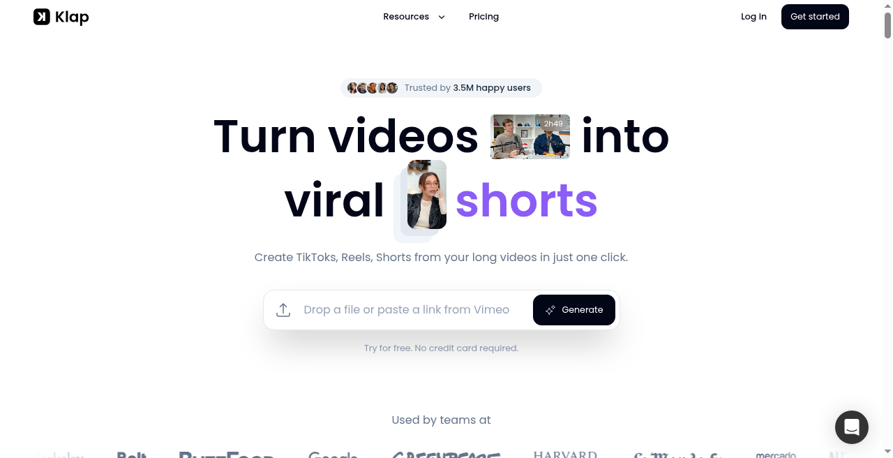 Klap import / project start — Paste YouTube URL or drop a file; processing progress toward a batch of vertical Shorts candidates.