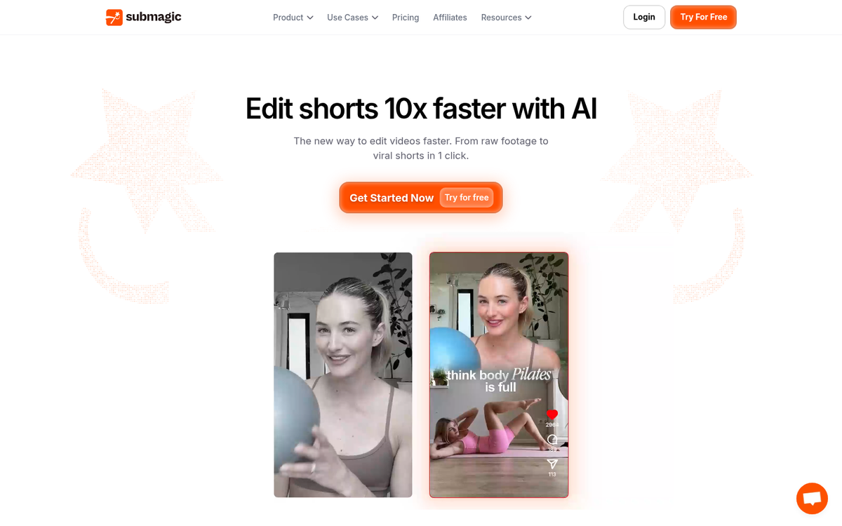 Submagic homepage: "Edit shorts 10x faster with AI", upload a video or YouTube link and let AI add captions, cut silences and insert B-roll.