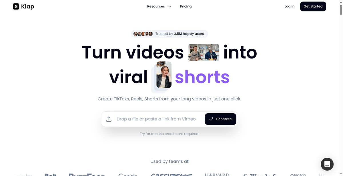 Klap import / project start — Paste YouTube URL or drop a file; processing progress toward a batch of vertical Shorts candidates.
