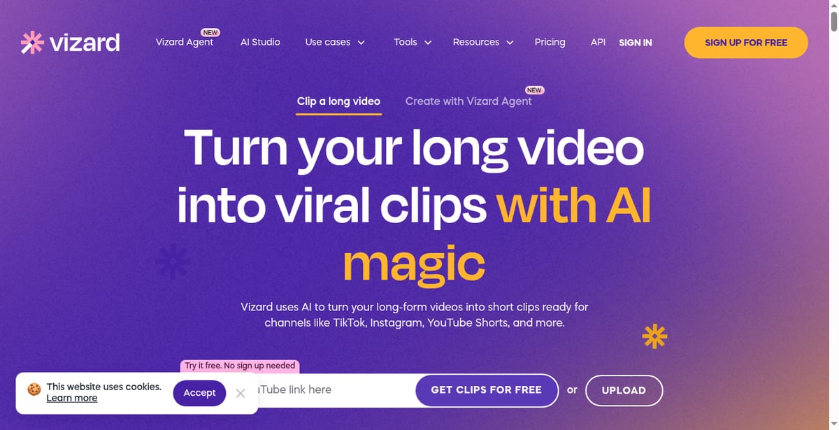 Vizard clip dashboard — Long upload processed into a grid of AI-suggested short clips with scores and vertical previews.