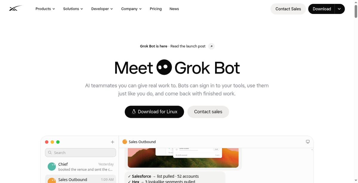 Grok Bot desktop chat — Messaging a named Bot like a teammate while the cloud computer view shows live browser/terminal activity.