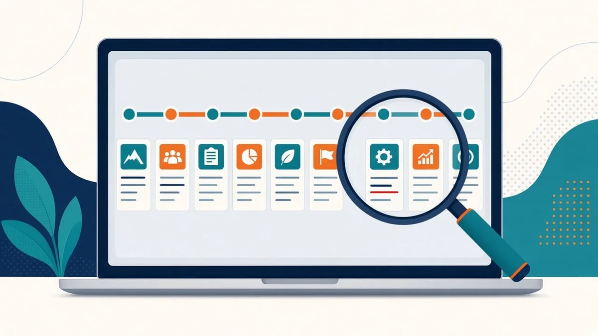 AI infographic generator timeline on a laptop with a magnifying glass over a text error