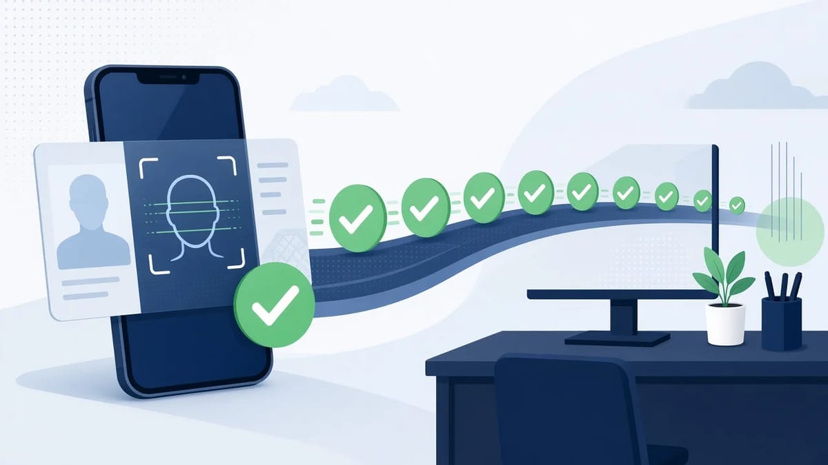 AI identity verification on a phone with automatically approved sessions flowing past an empty manual review desk