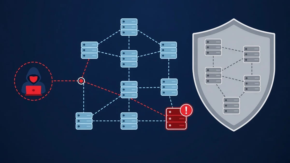 Network map showing an attacker path reaching one exposed vulnerable server while others sit behind a shield