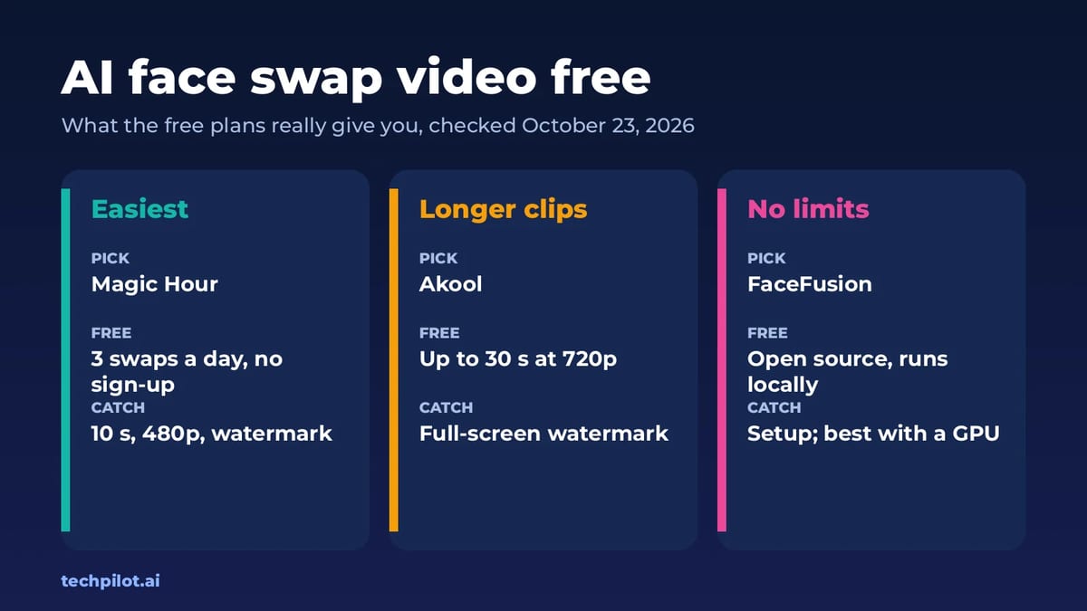 AI face swap video free: Magic Hour, Akool and FaceFusion free plans compared