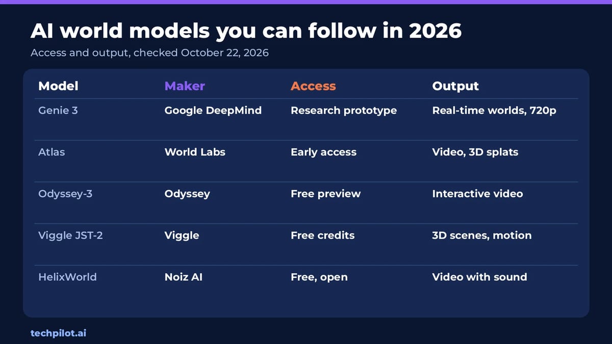 AI world models in 2026: Genie 3, Atlas, Odyssey-3, Viggle JST-2 and HelixWorld with access and output
