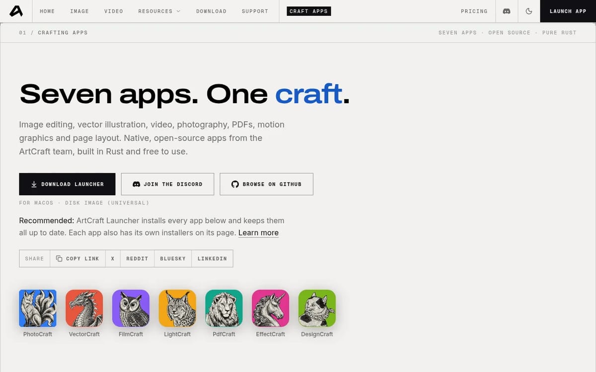 ArtCraft Craft apps page showing PhotoCraft, VectorCraft, FilmCraft, LightCraft, PdfCraft, EffectCraft and DesignCraft