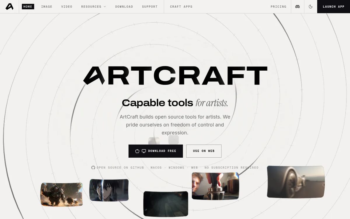ArtCraft homepage: capable tools for artists, open source on macOS, Windows and web