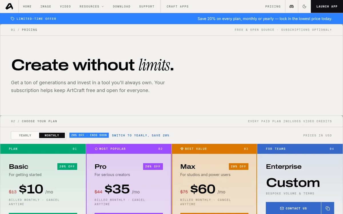 ArtCraft pricing page with Basic, Pro, Max and Enterprise plans on monthly billing