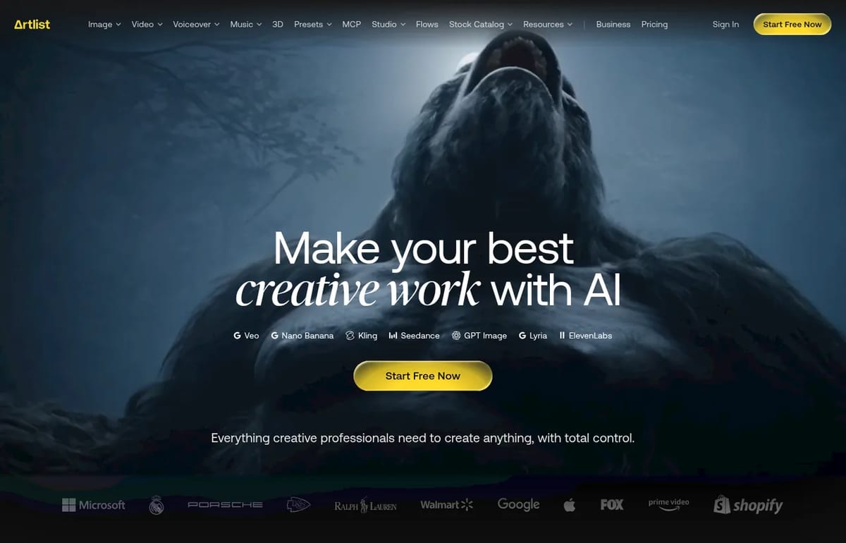 Artlist AI homepage: make your best creative work with AI