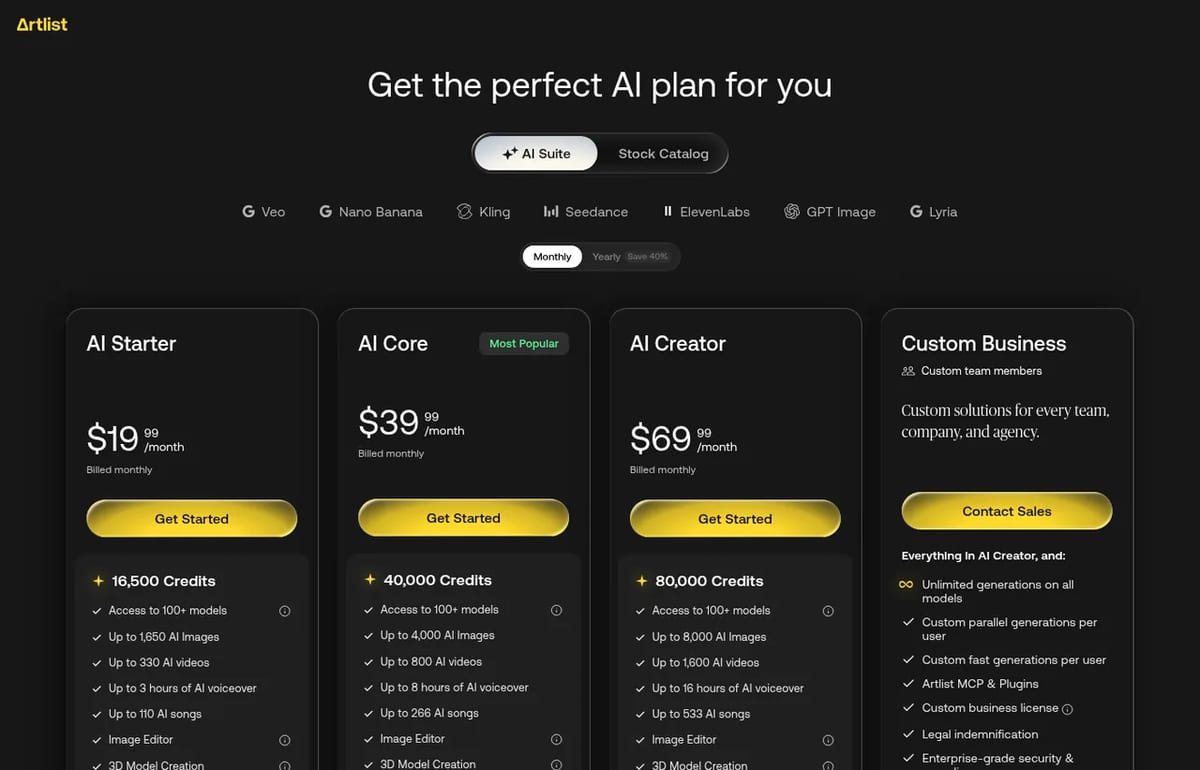 Artlist AI pricing page with AI Starter, AI Core and AI Creator plans billed monthly