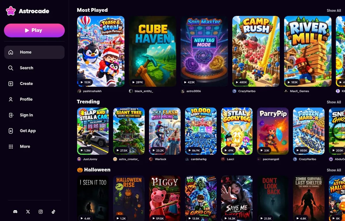 Astrocade home feed of free AI-made games