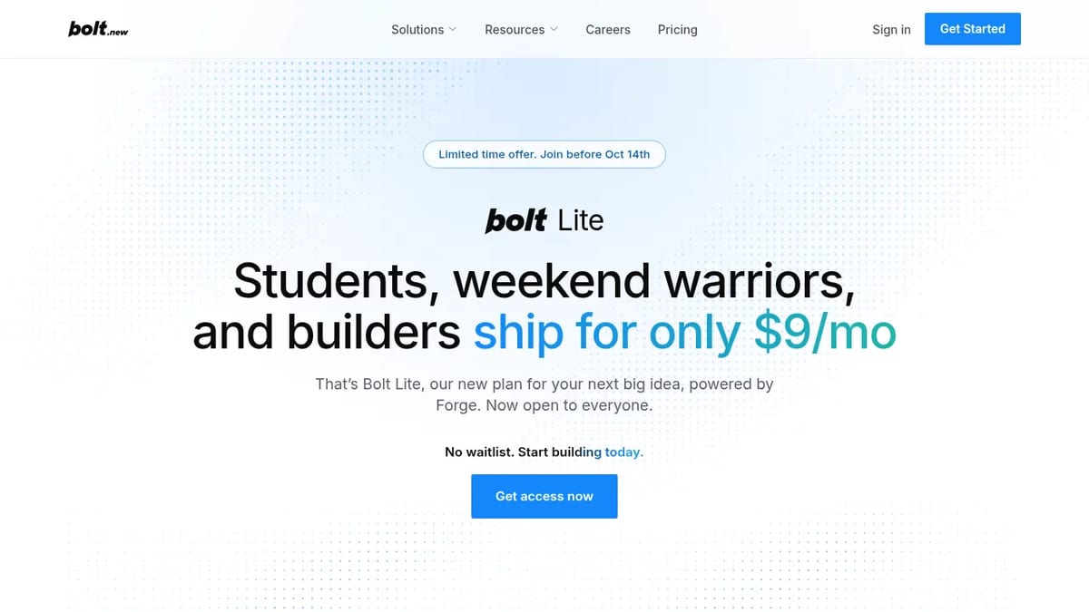 Bolt Lite plan page: build with Forge for $9 a month