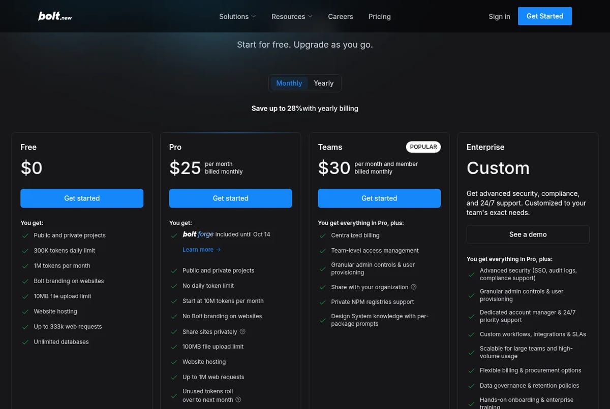 Bolt.new pricing page with Free, Pro, Teams and Enterprise plans