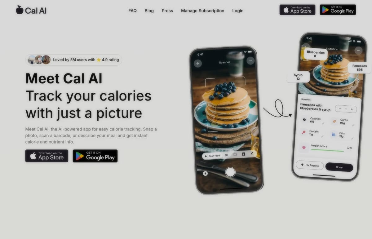 Cal AI homepage offering a free trial of the AI calorie tracker