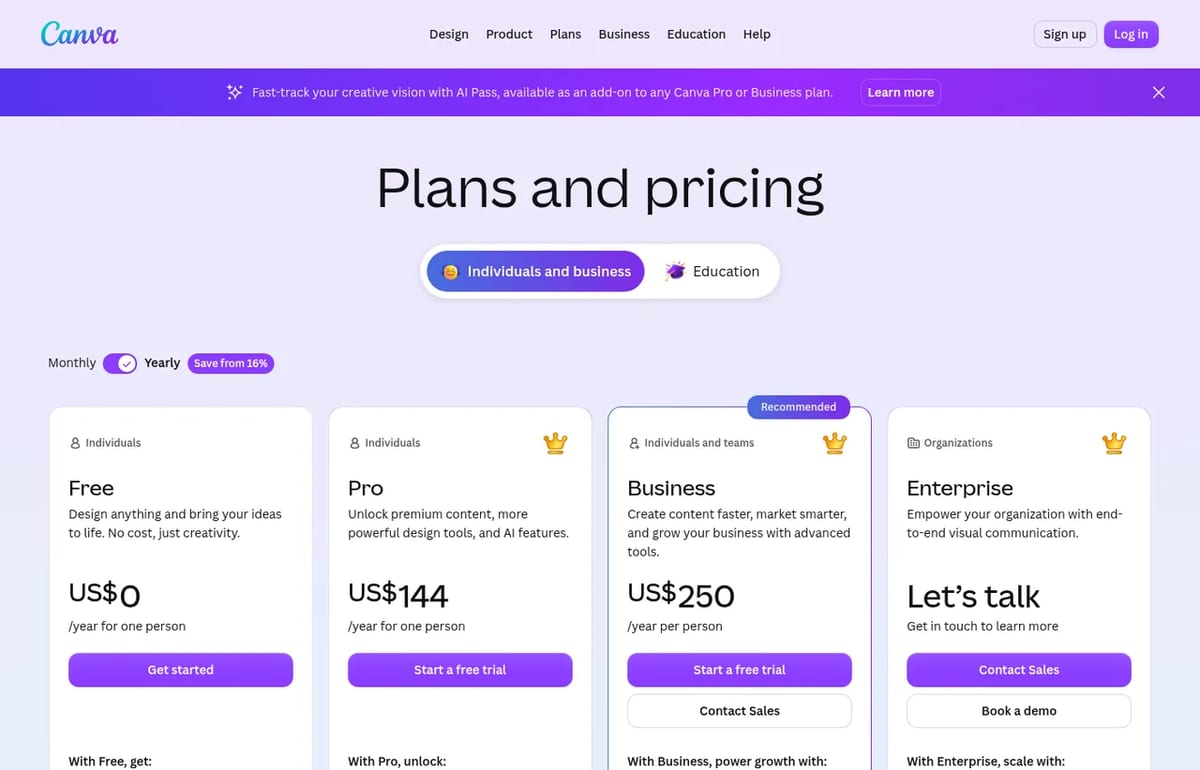 Canva pricing page: Free, Pro US$144 a year and Business US$250 a year per person