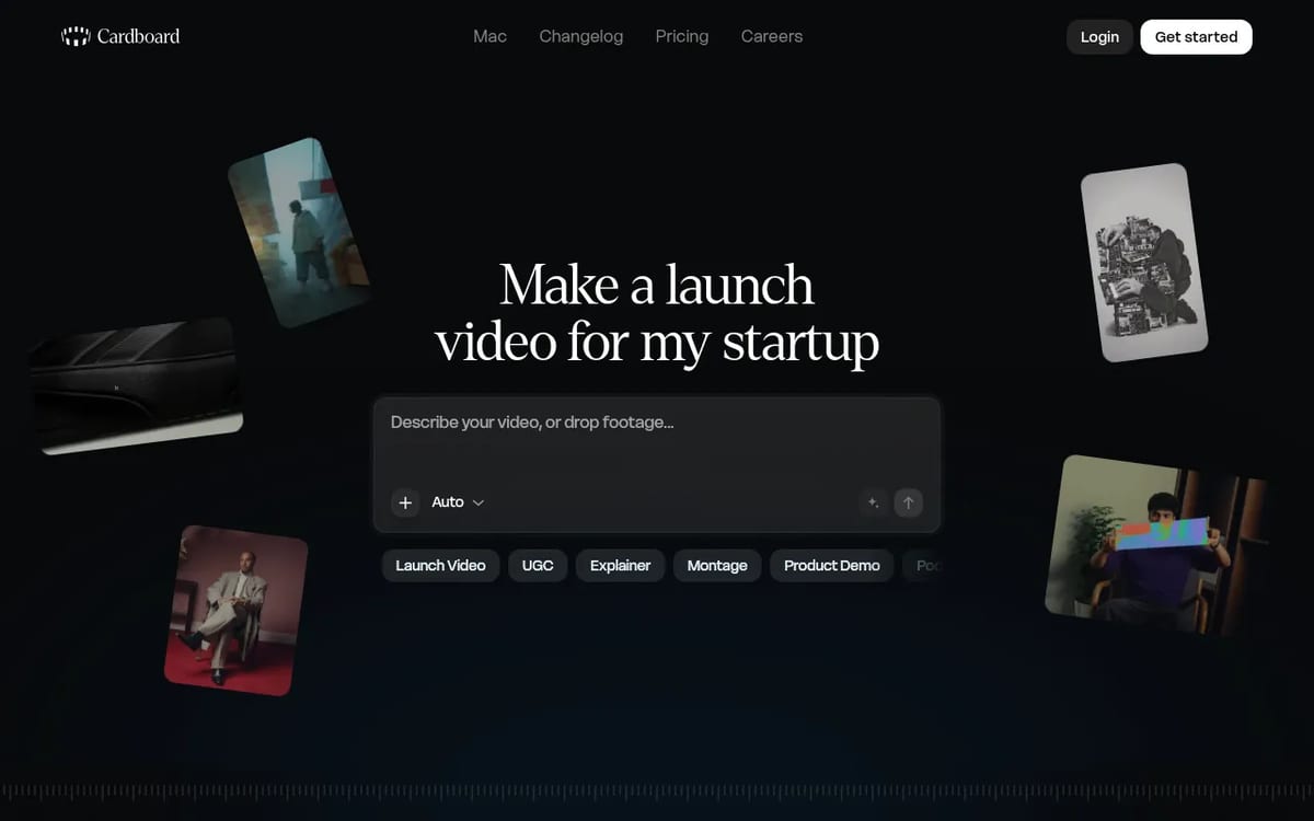 Cardboard homepage: describe a video and the AI editor builds the first cut