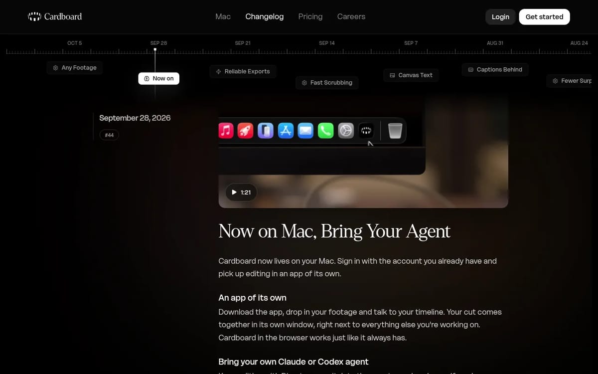 Cardboard changelog: Now on Mac, bring your own Claude or Codex agent
