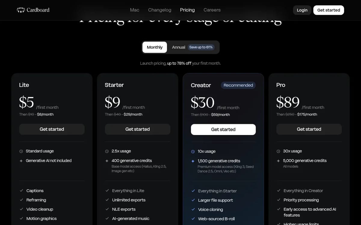 Cardboard pricing: Lite, Starter, Creator and Pro with launch first-month prices