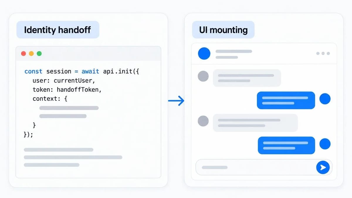 A code snippet transitioning into a pre-built chatbox UI component with bright blue accents.