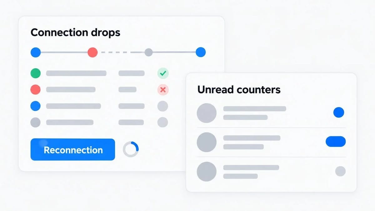 Clean product UI cards showing reconnection errors and unread message counter state.