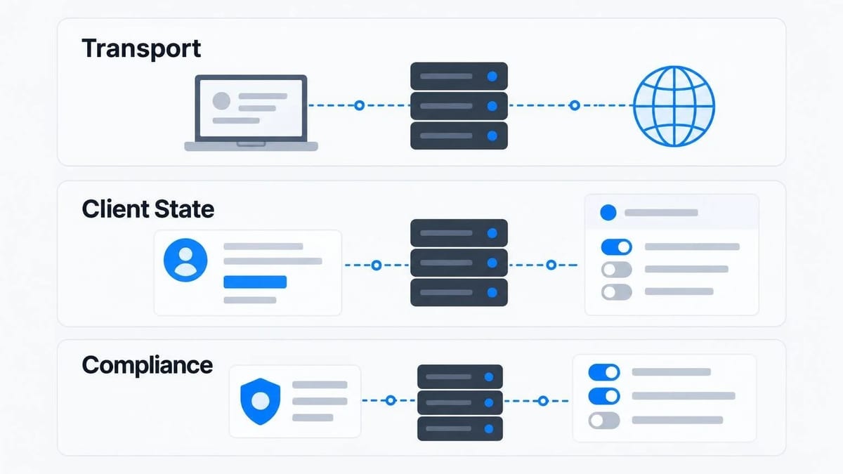 A stacked UI diagram representing transport, state, and compliance layers of a chat system.