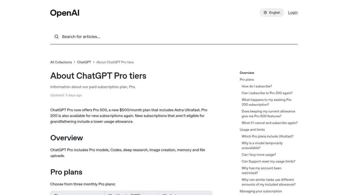 ChatGPT Pro tiers help page with Pro 100, Pro 200 and Pro 500 prices