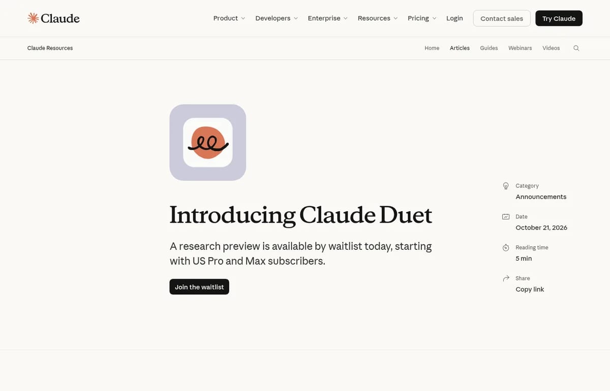 Anthropic announcement of Claude Duet, October 21, 2026