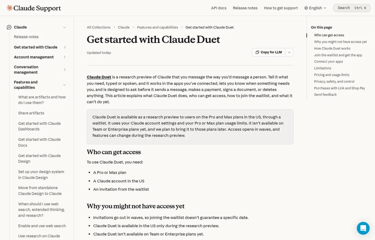 Claude Help Center article on getting started with Claude Duet and who can get access