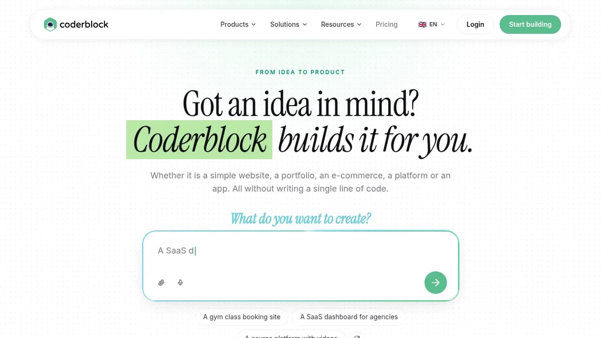 Coderblock homepage: describe an idea and Coderblock builds it