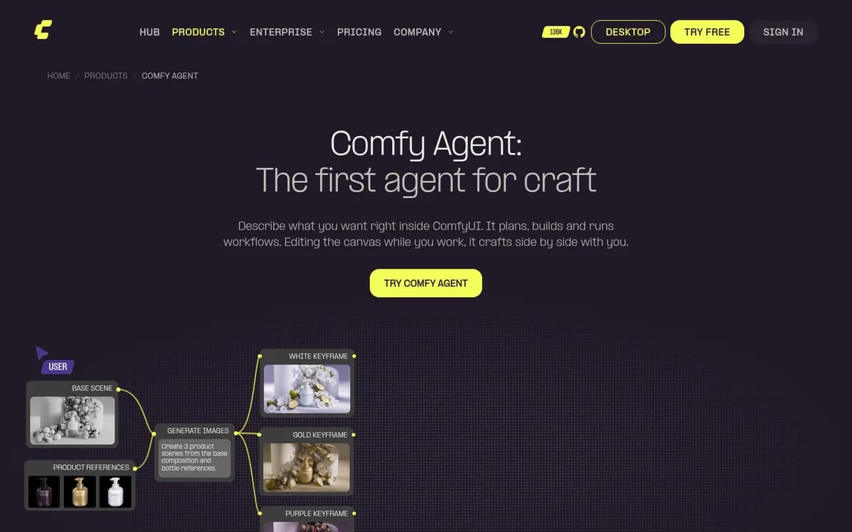 Comfy Agent page: chat-driven workflow building inside ComfyUI