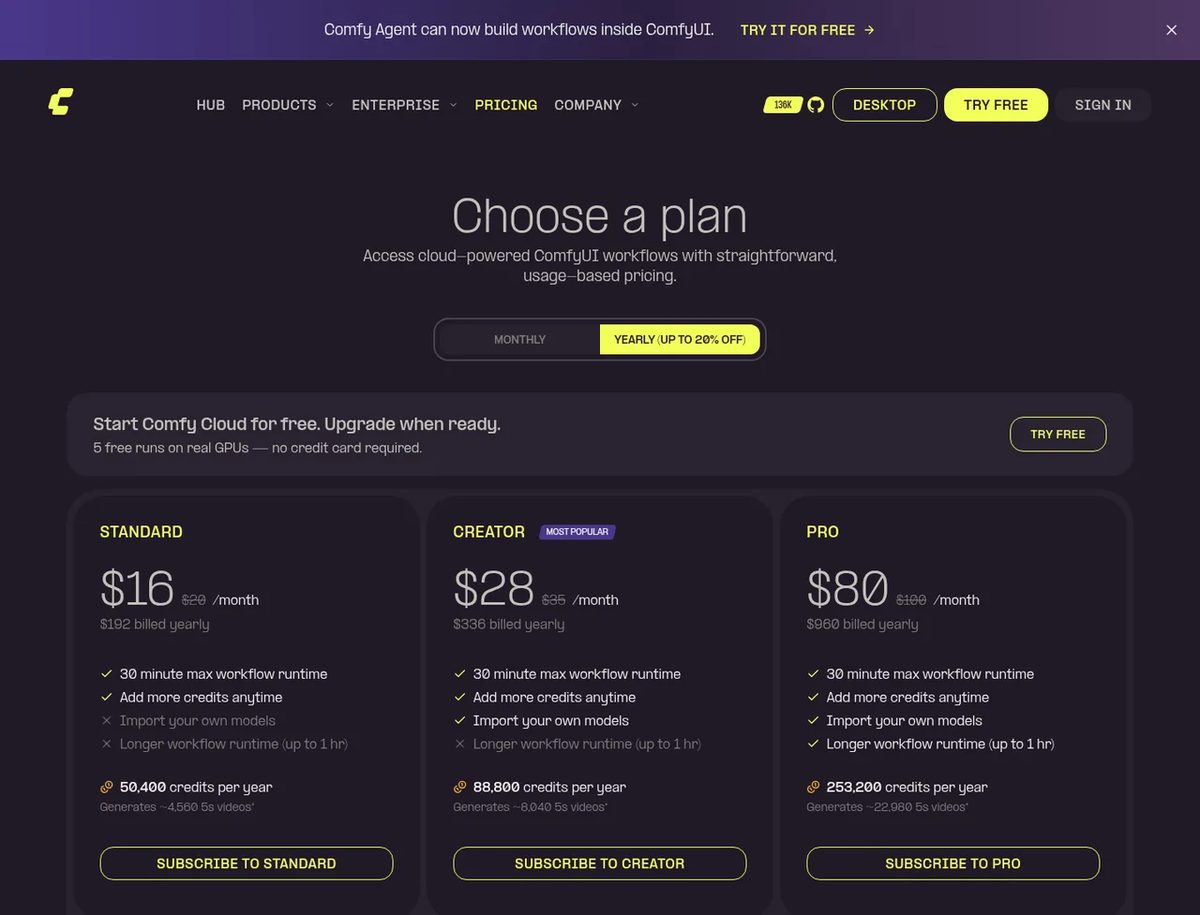 Comfy Cloud pricing: Standard, Creator, Pro and Team plans