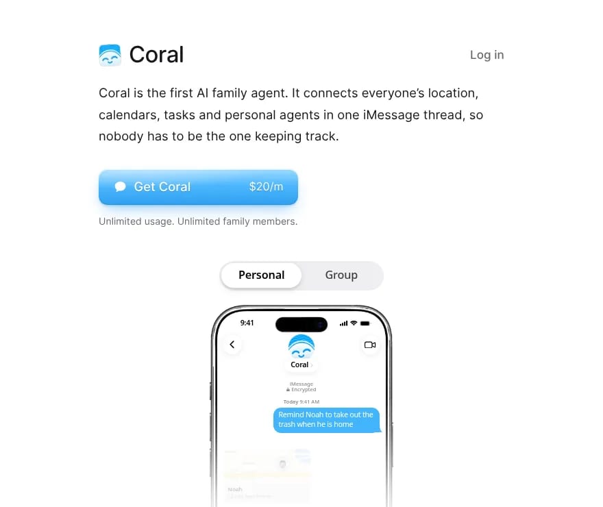 Coral homepage: the family agent on iMessage, $20 a month with unlimited usage and family members