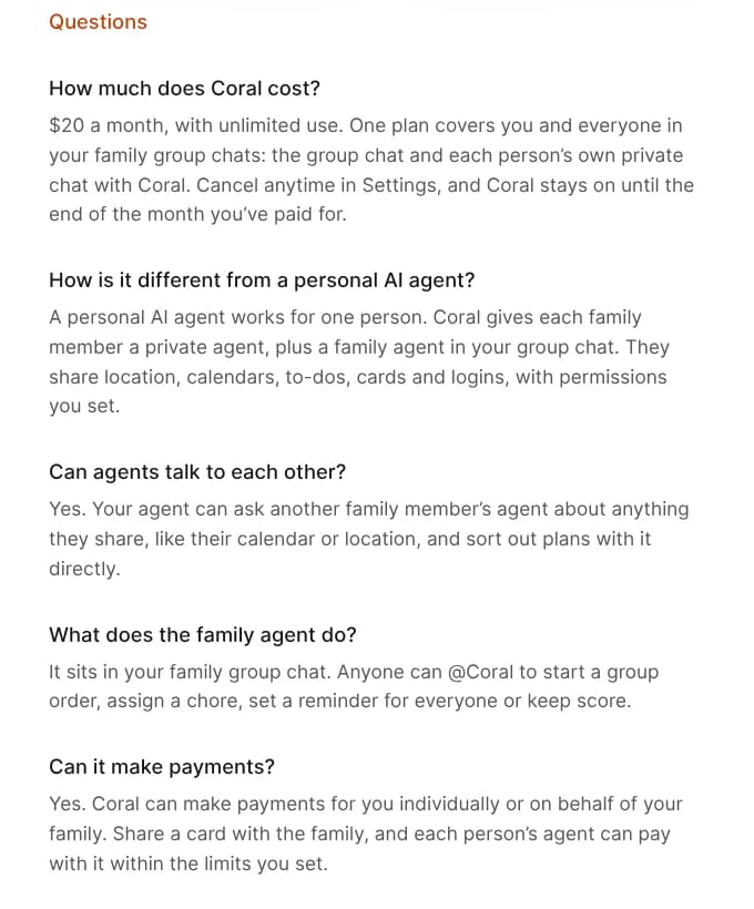 Coral's FAQ: $20 a month covers the family group chat and each person's private chat; cancel anytime