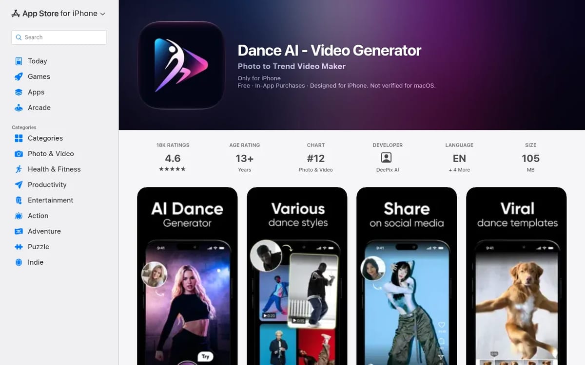 Dance AI - Video Generator App Store listing: free with in-app purchases, 4.6 rating and #12 in Photo & Video