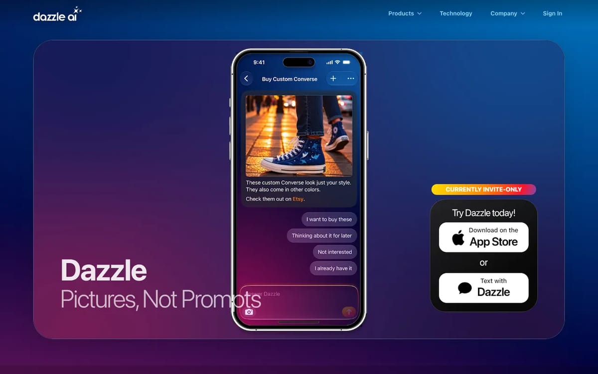 Dazzle AI homepage: Pictures, Not Prompts, invite-only