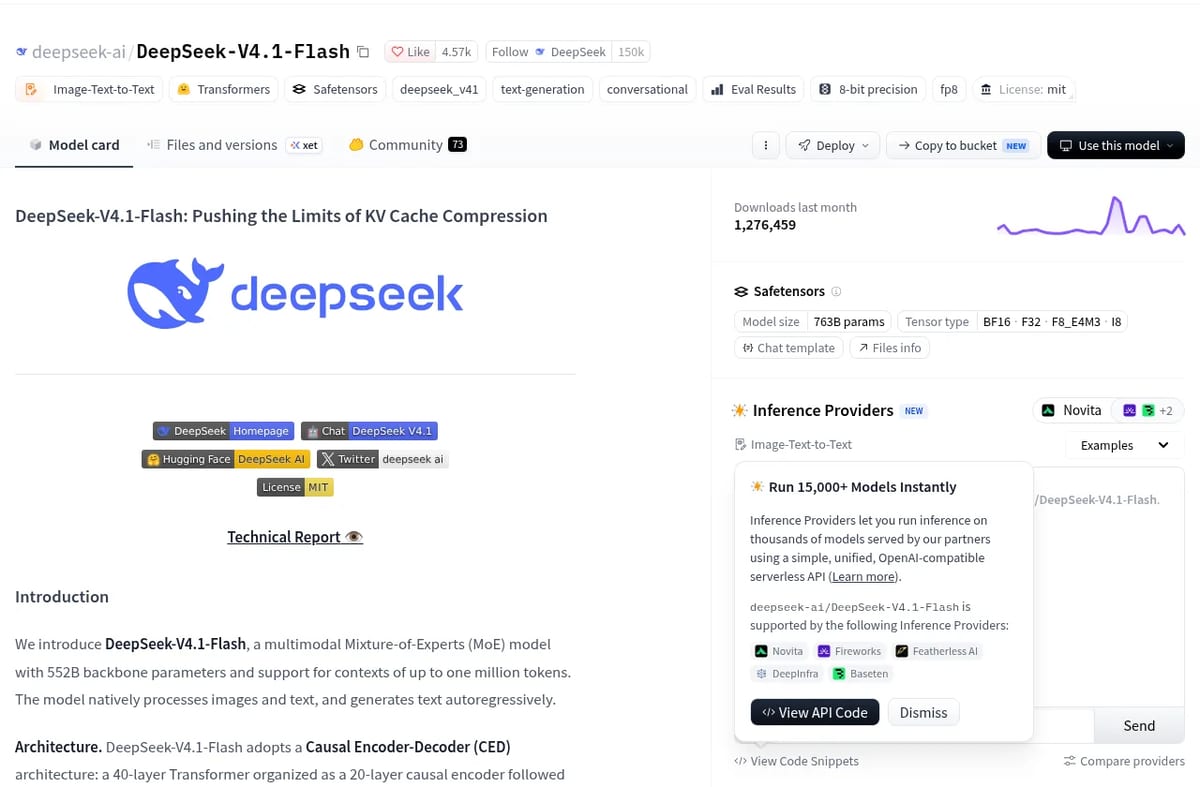 DeepSeek-V4.1-Flash model card on Hugging Face with the MIT licence