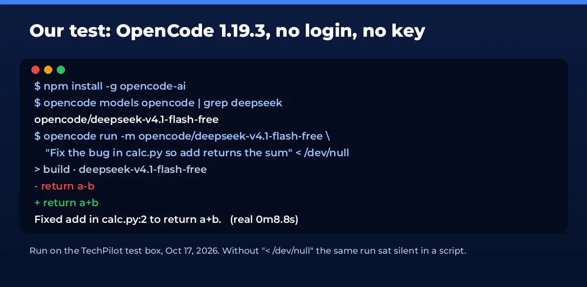 OpenCode terminal run fixing a bug with deepseek-v4.1-flash-free