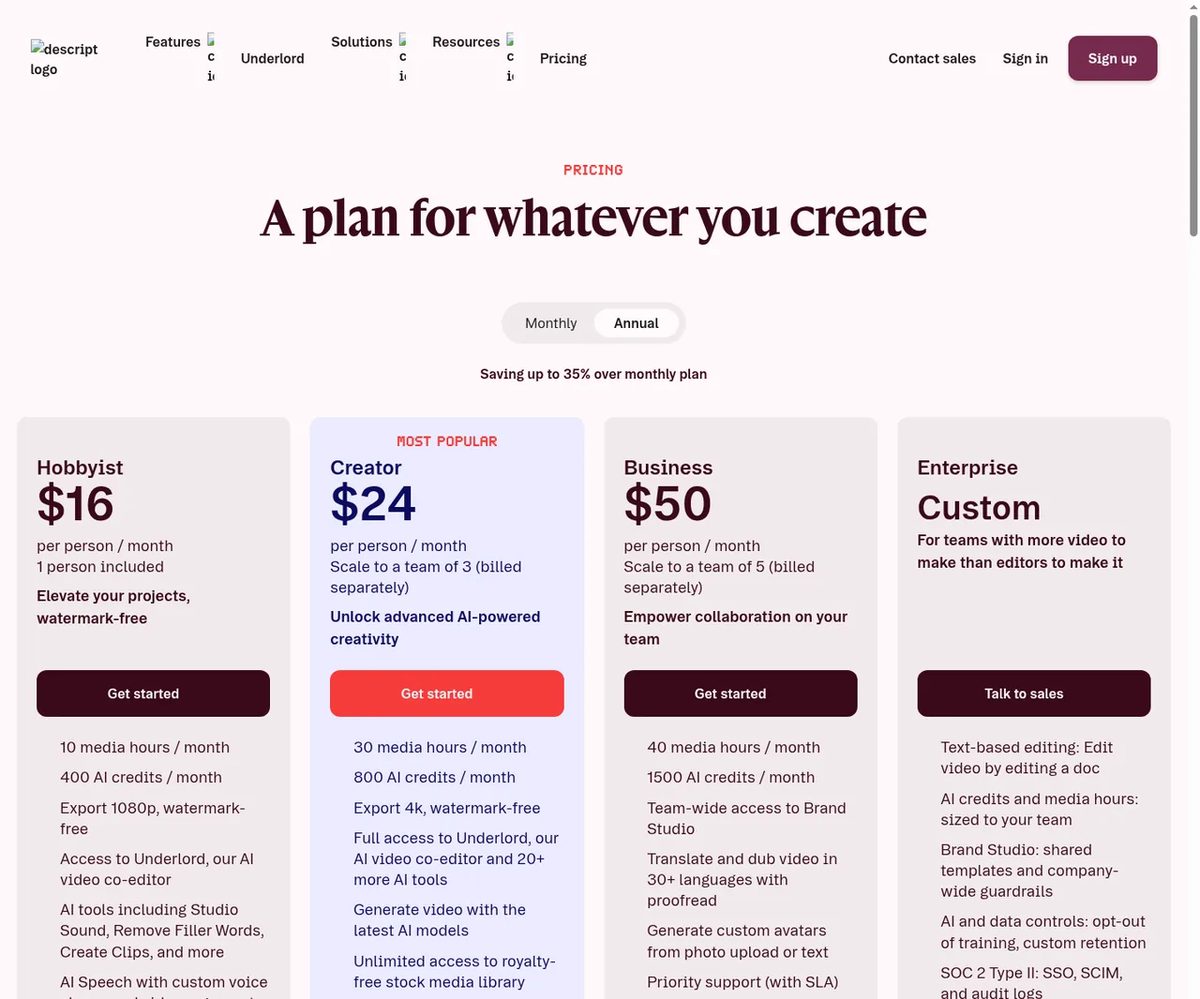 Descript official pricing page screenshot