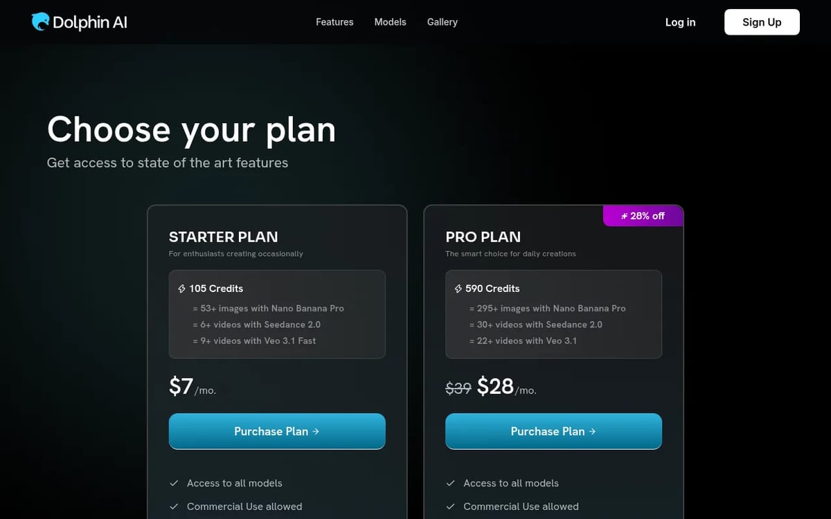 Dolphin AI pricing page with the Starter and Pro plans