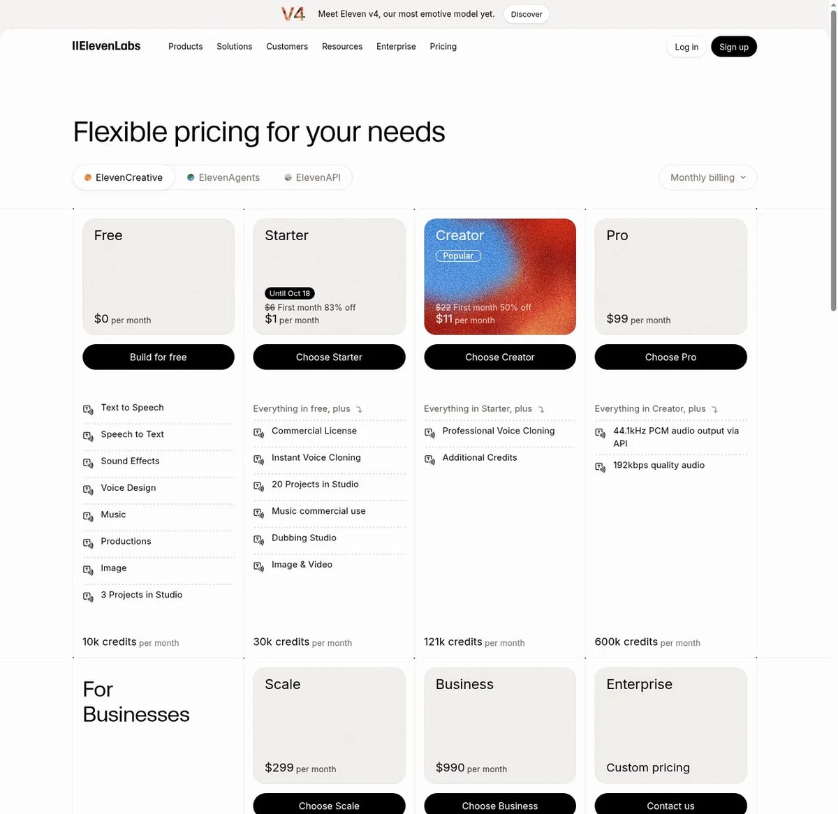 ElevenLabs official pricing page screenshot