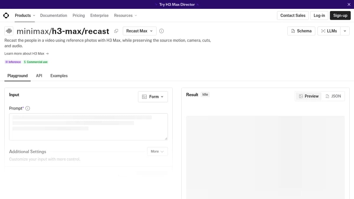 fal Recast (H3 Max Recast) playground page on fal.ai
