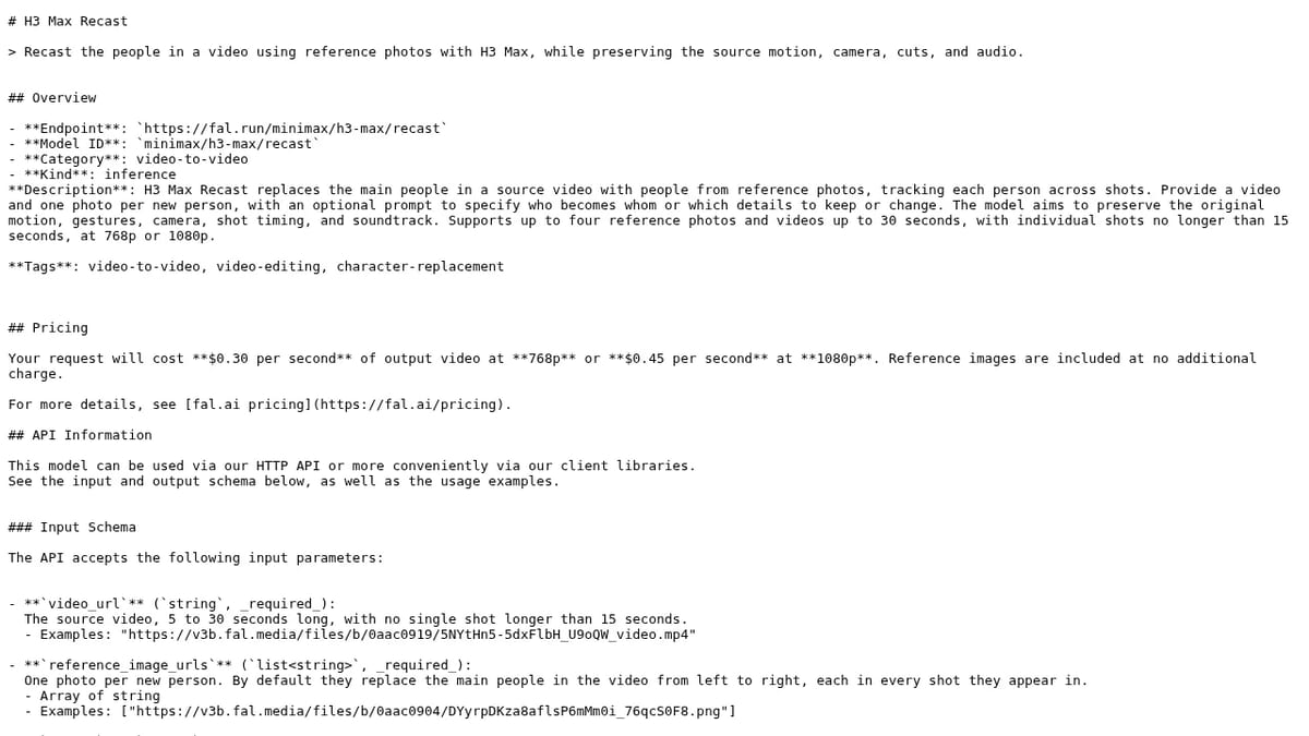 fal Recast documentation with $0.30 and $0.45 per-second pricing