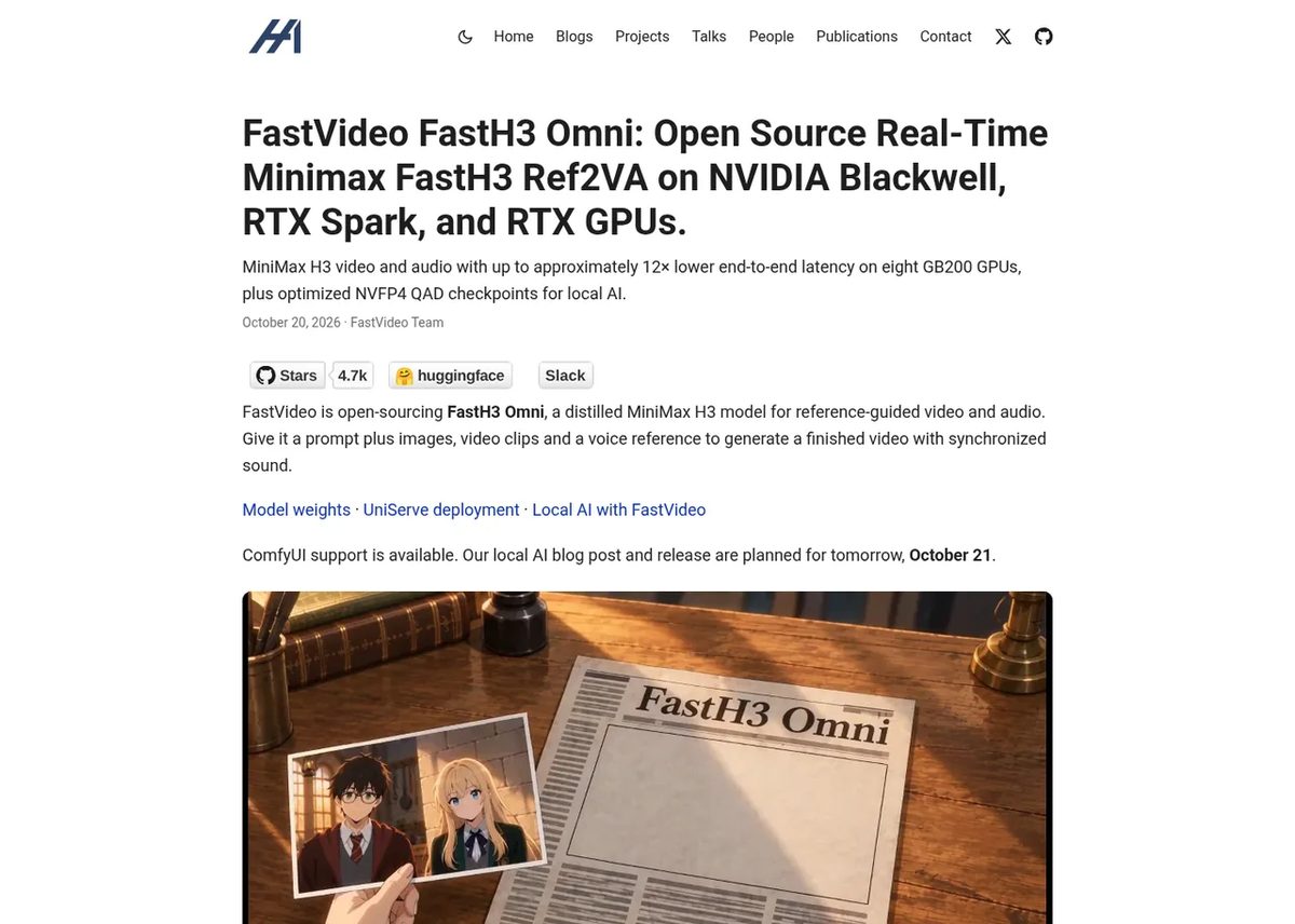 FastVideo release post for FastH3 Omni, October 20, 2026